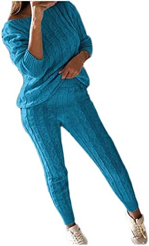 חליפת סוודר נשים סקסית מחוץ לכתף יתר על המידה כבל שרוול ארוך סרוג סרוג 2 יחידות סריגים מכנסיים ארוכים