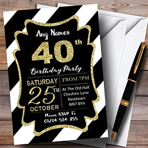 פסים אלכסוניים לבנים שחורים זהב 40 הזמנות למסיבת יום הולדת בהתאמה אישית
