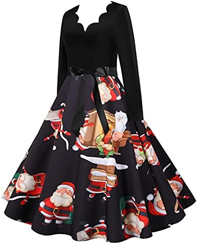 חג המולד התלקחות שמלה לנשים עם חגורת חג המולד סנטה הדפסה ארוך שרוול שמלת 1950 בציר לנשף ערב מסיבת שמלות
